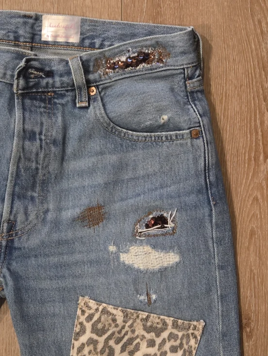 LEVI Button Fly 501 32x34 Upcycled Patchwork Jeans By ThreadsReclaimed - Picture 5 of 16